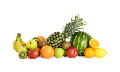 Many fresh ripe fruits isolated on white