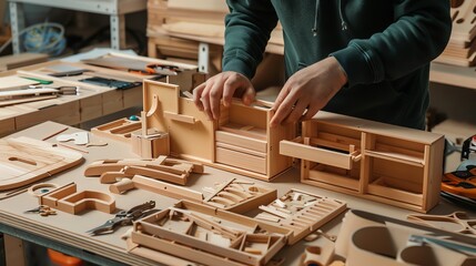 A man builds a wooden box in a workshop.