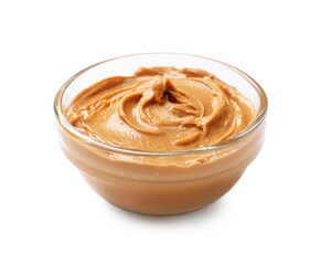 Tasty peanut butter in bowl isolated on white