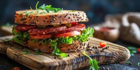 Vegan Salami Sandwich on a Wooden Cutting Board with Meatless Ingredients