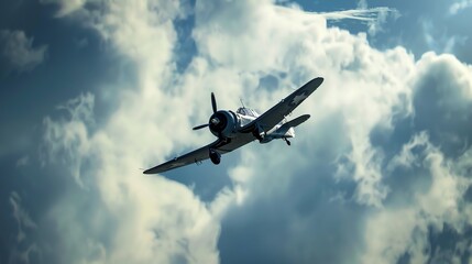 Naklejka premium A vintage airplane flying in a blue sky with white clouds.