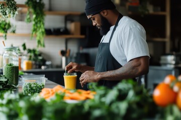 A man is making a smoothie in a kitchen. The kitchen is full of fresh vegetables and fruits, including carrots, oranges, and green herbs. The man is wearing an apron and he is focused on his task