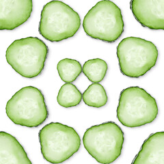 Round cucumber slices on white background, pattern design