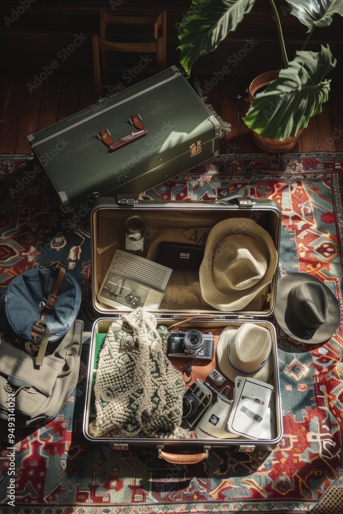 Poster a suitcase filled with various items sits on a rug, perfect for use in travel or storage illustratio