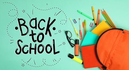 Backpack with stationery on turquoise background, flat lay. Back to school