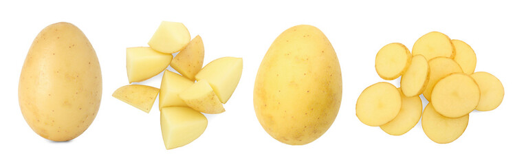 Fresh potatoes isolated on white, set. Different types of cuts and whole