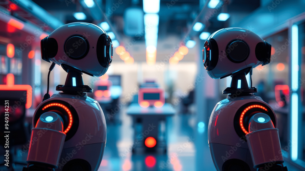Poster two robots facing each other in a futuristic environment