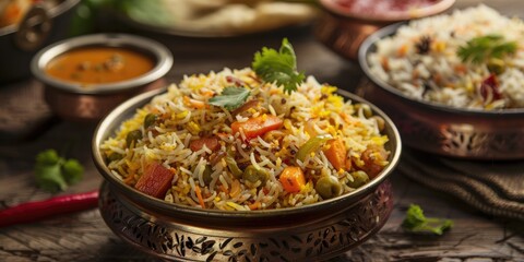 Vegetable biryani and veggie pilaf served in a classic bowl design.