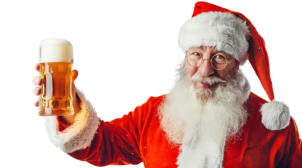 Santa holding glass of beer isolated on white background