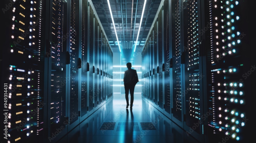 Aufkleber A person standing in front of rows of servers and computer equipment, possibly working or monitoring