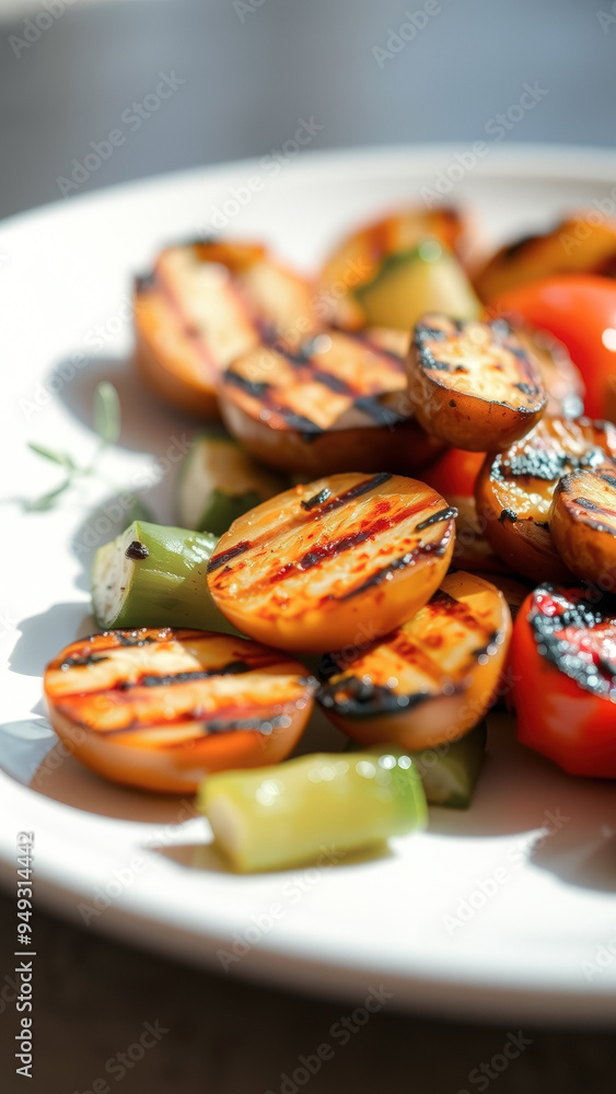 Sticker grilled vegetables on a white plate