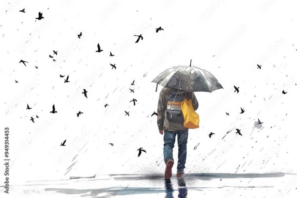 Poster a person is seen walking in the rain with an open umbrella, ready for the unexpected weather