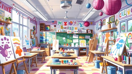 Vibrant Classroom Alive with Art, Creativity, and Student-Made Projects