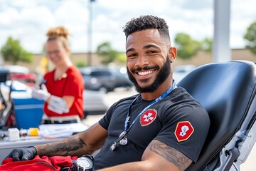 First Responders Day in North Carolina with a community blood drive, illustrated in a scene where people donate blood in honor of first responders, recognizing the life-saving importance of