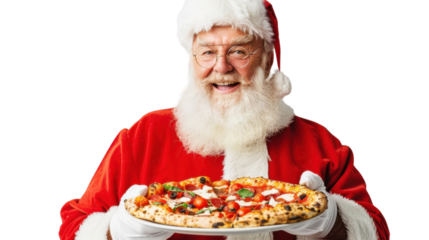Santa holding delicious pizza isolated on white background