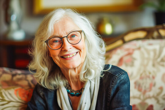 Happy middle aged senior woman talk on video call with friends family. Laughing mature old senior grandmother having fun speaking with grown up children online. Headshot portrait selfie webcamera view