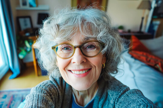 Happy middle aged senior woman talk on video call with friends family. Laughing mature old senior grandmother having fun speaking with grown up children online. Headshot portrait selfie webcamera view