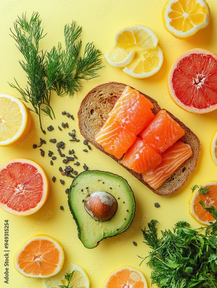 Poster a vibrant breakfast spread showcases avocado toast topped with salmon, complemented by slices of fre