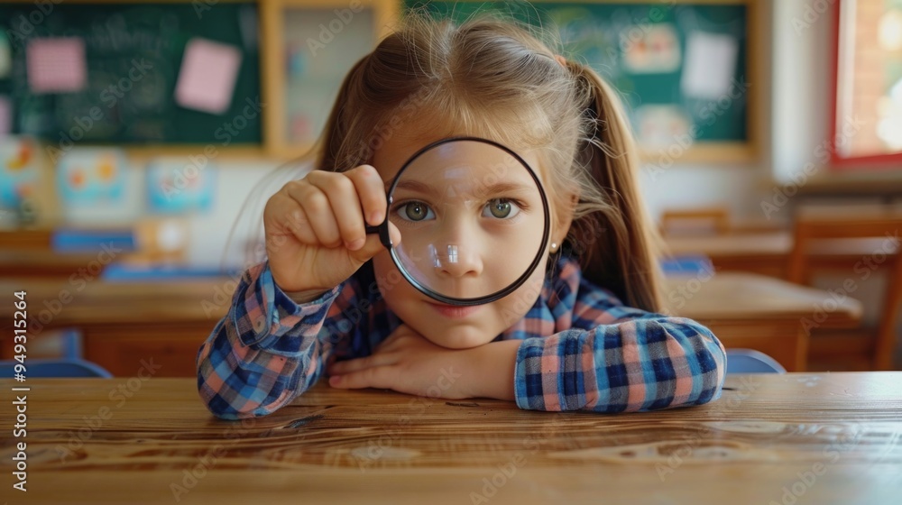 Poster a young girl closely inspects an object using a magnifying glass, possibly searching for clues or st