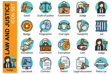 Law icon set. colored outline icon style. icon related to law and justice. scale of justice, judge, corruption, and more.  law element vector illustration