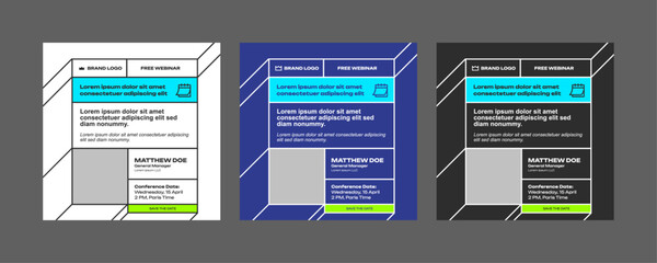 instagram webinar conference social media template post slider carousel banner poster web summit seminar online business flat blue green color background minimal design square size poster templates