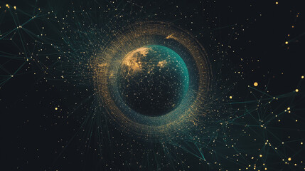 Abstract colorful business connection of lines from nodes It is connected to endless nodes and represents the innovation of communication cyber security in the network with black background