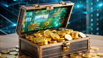 Treasure Chest Overflowing with Gold Coins and Digital Data Display