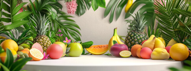 Tropical Fruit-Themed Podium Stage Background with Lush Green Plants and Vibrant Flowers