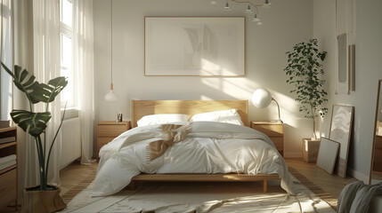 Scandinavian bedroom interior design with light wood furniture, white bedding, and a simple rug.
