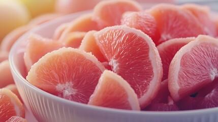 Freshly sliced grapefruit in a white bowl, sunlight highlighting vibrant colors and juicy texture, perfect for breakfast or a healthy snack.
