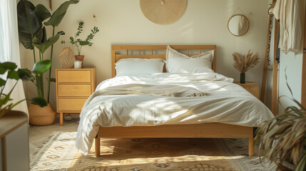 Scandinavian bedroom interior design with light wood furniture, white bedding, and a simple rug.
