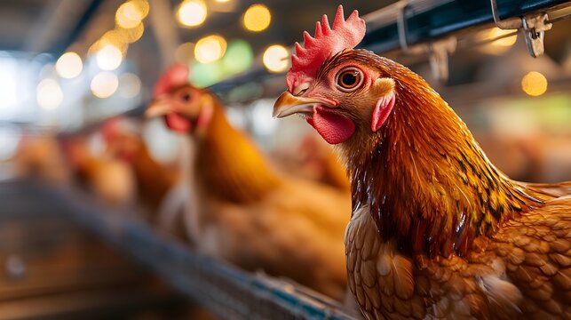 Rows of Egg Laying Hens in Spacious Cages at Modern Chicken Farm