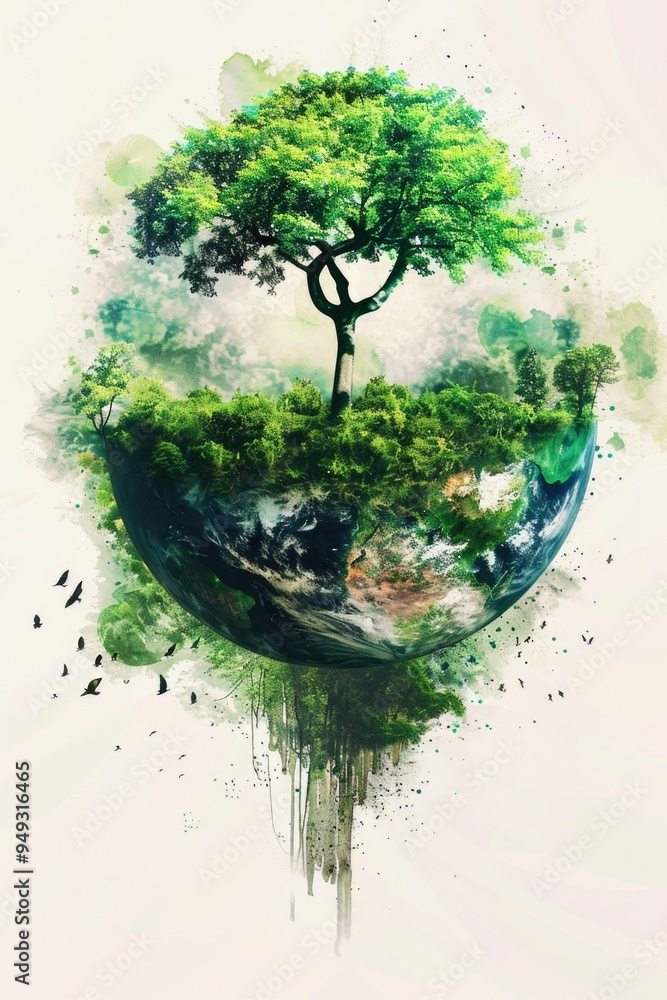 Poster a single tree stands on the surface of an alien planet, with a blue sky and rocky terrain in the bac