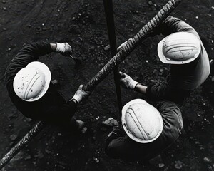 Two men wearing hard hats and gloves are working on a project. Scene is serious and focused, as the workers are engaged in a task that requires concentration and attention to detail