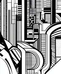 Obraz premium Abstract black and white geometric design with intricate lines and shapes.