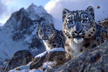 Fototapeta premium snow leopard prowls through a frozen landscape, its piercing eyes scanning the surroundings. This close-up captures the power and beauty of this elusive big cat in its natural habitat.
