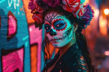A woman wearing sugar skull makeup and flowers in her hair, a vibrant and colorful image