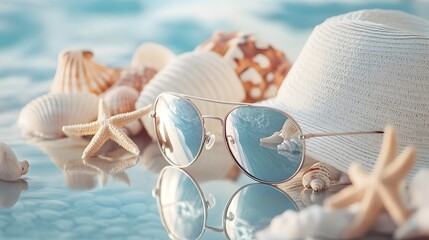 Sunglasses Reflecting Coastal Beach Scene with Seashells and Sun Hat