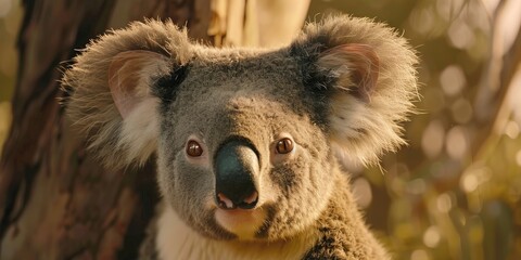 Fototapeta premium A koala with white fluffy ears brown eyes and a large black nose
