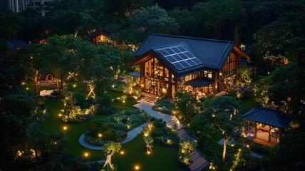 A serene evening view of a modern house surrounded by lush gardens, illuminated softly by landscape lighting.