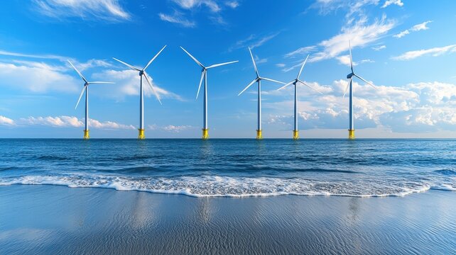 A serene coastal scene featuring wind turbines off the shore under a clear blue sky, symbolizing renewable energy and sustainability.