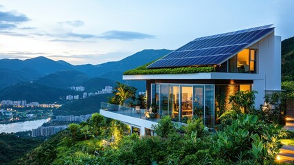 Naklejka premium Modern house with solar panels and panoramic mountain views, surrounded by lush greenery, embodying sustainable living.