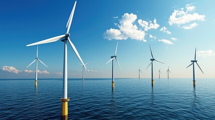 Renewable energy source with wind turbines standing tall in open water, a symbol of sustainability and innovation in clean technology.
