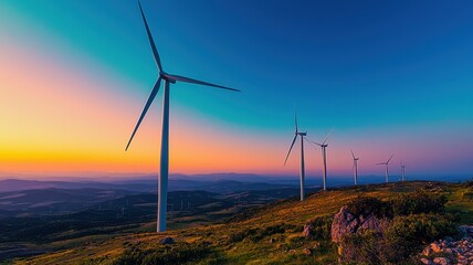 Stunning landscape with wind turbines at sunset, showcasing renewable energy and natural beauty in a serene environment.