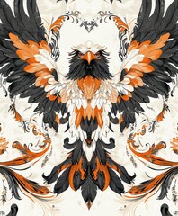 Fototapeta premium A stylized illustration of a majestic bird with intricate feather patterns in orange, black, and white.