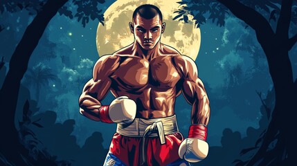 Illustration of a muscular boxer standing under a full moon, in a forest setting, showcasing strength, determination, and athleticism.