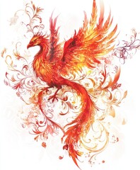 Obraz premium A vibrant phoenix surrounded by floral designs, symbolizing rebirth and transformation.