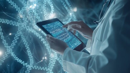 Doctor Analyzing DNA Data on Tablet.