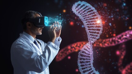Scientist using VR technology to explore DNA.