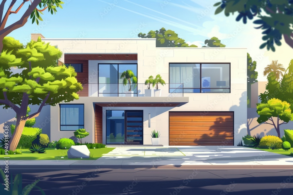 Poster a modern house with a balcony and attached garage, suitable for use in architecture or real estate c